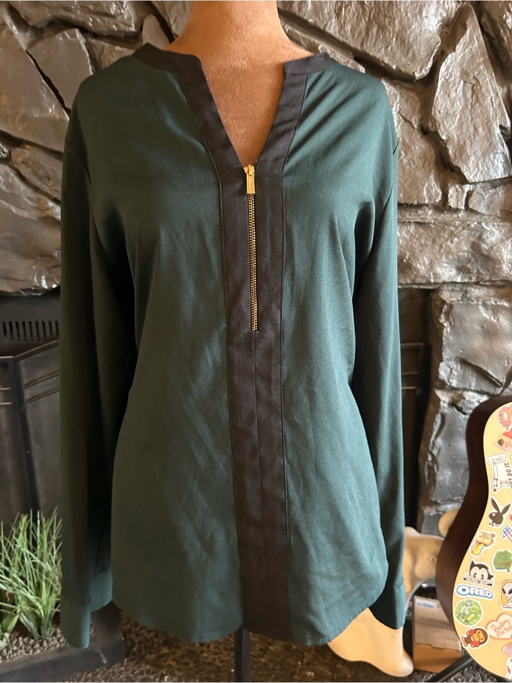 Calvin Klein Women's Forest Green Zip-Front Long Sleeve Top
